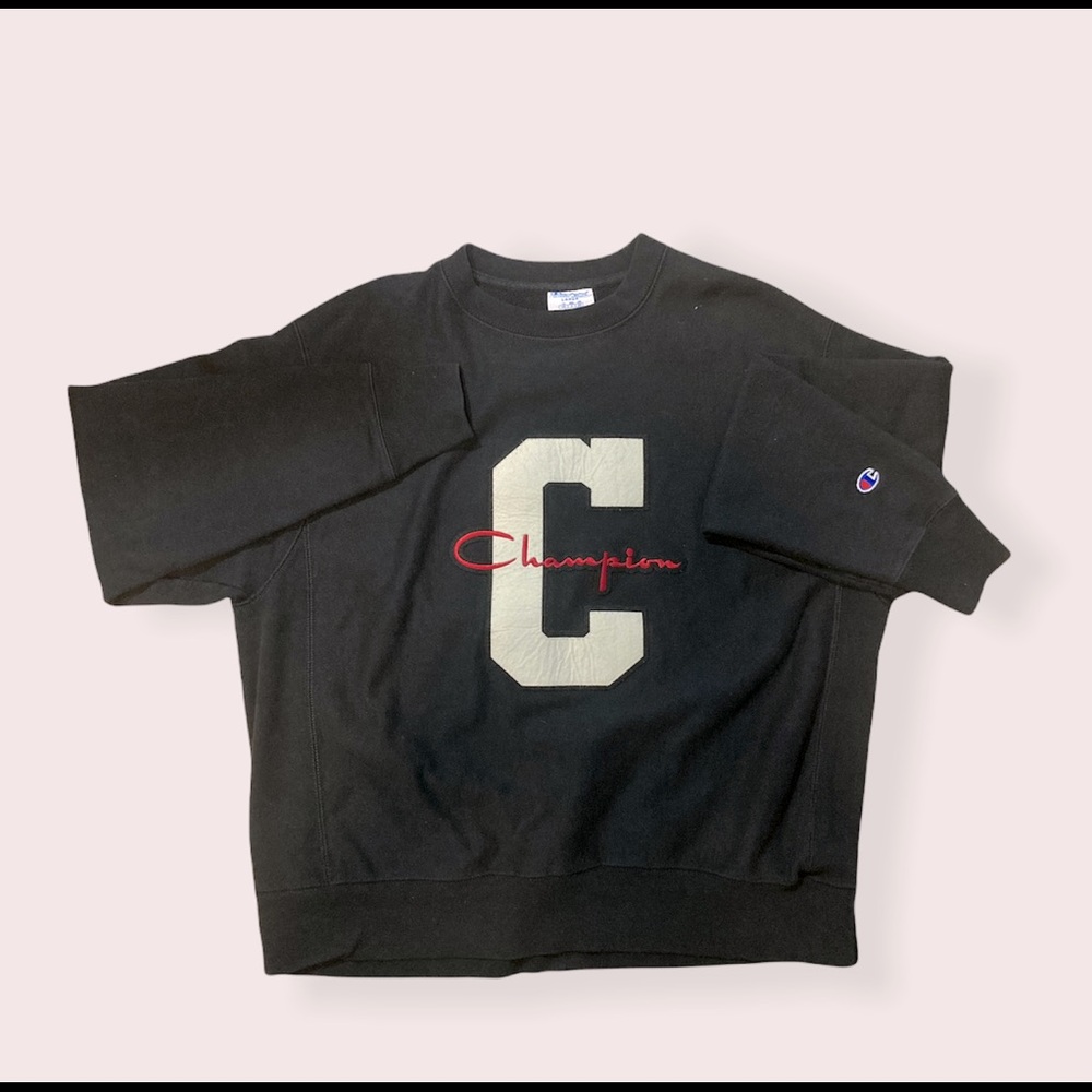 Champion Reverse Weave Spellout Pullover, Big C Felt Logo--Black Sz Large